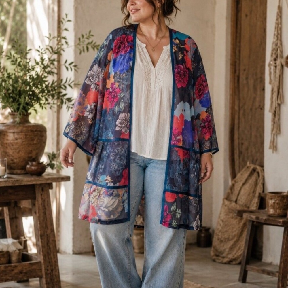 Soft Surroundings Blue Floral Renature Kimono Top